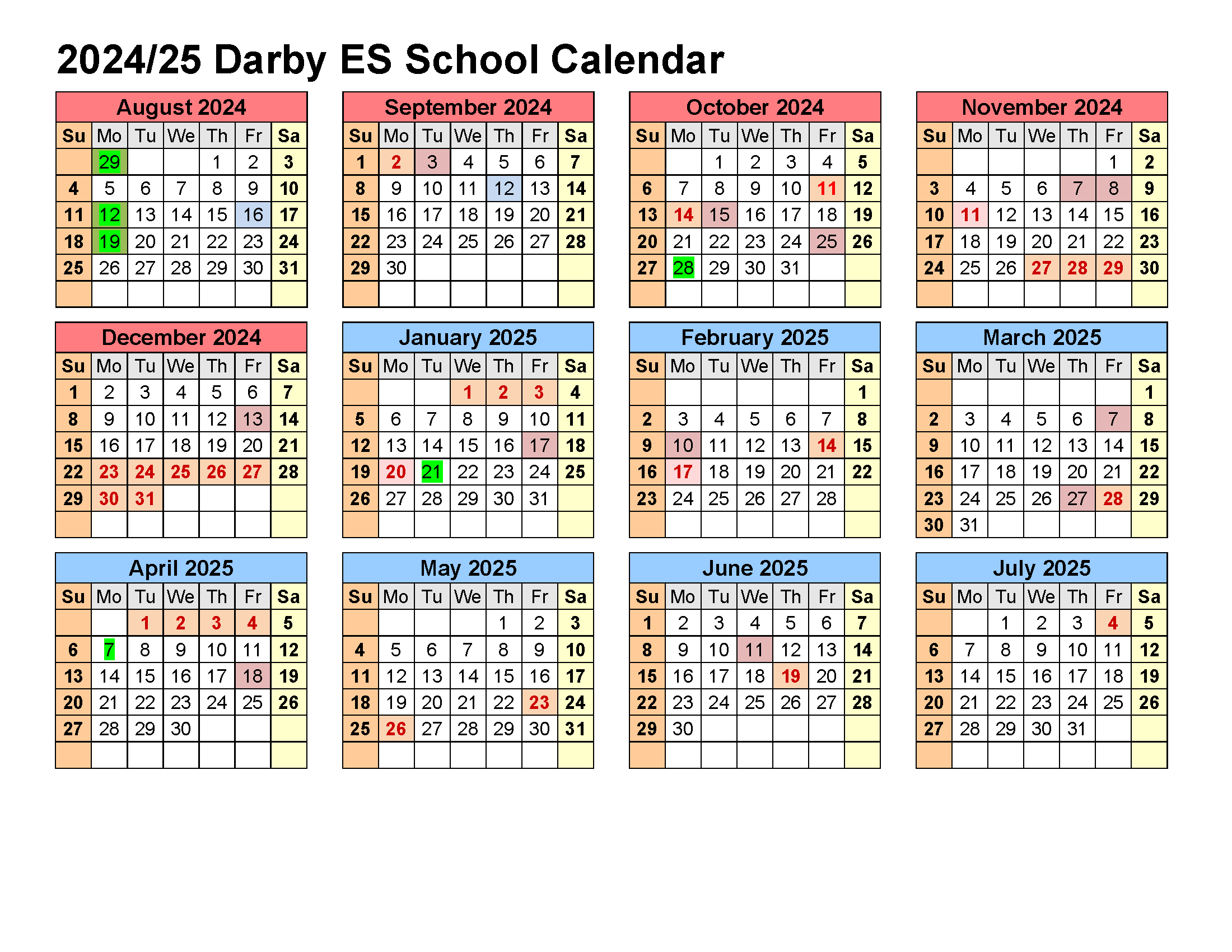 2024-2025 Darby ES School Calendar
