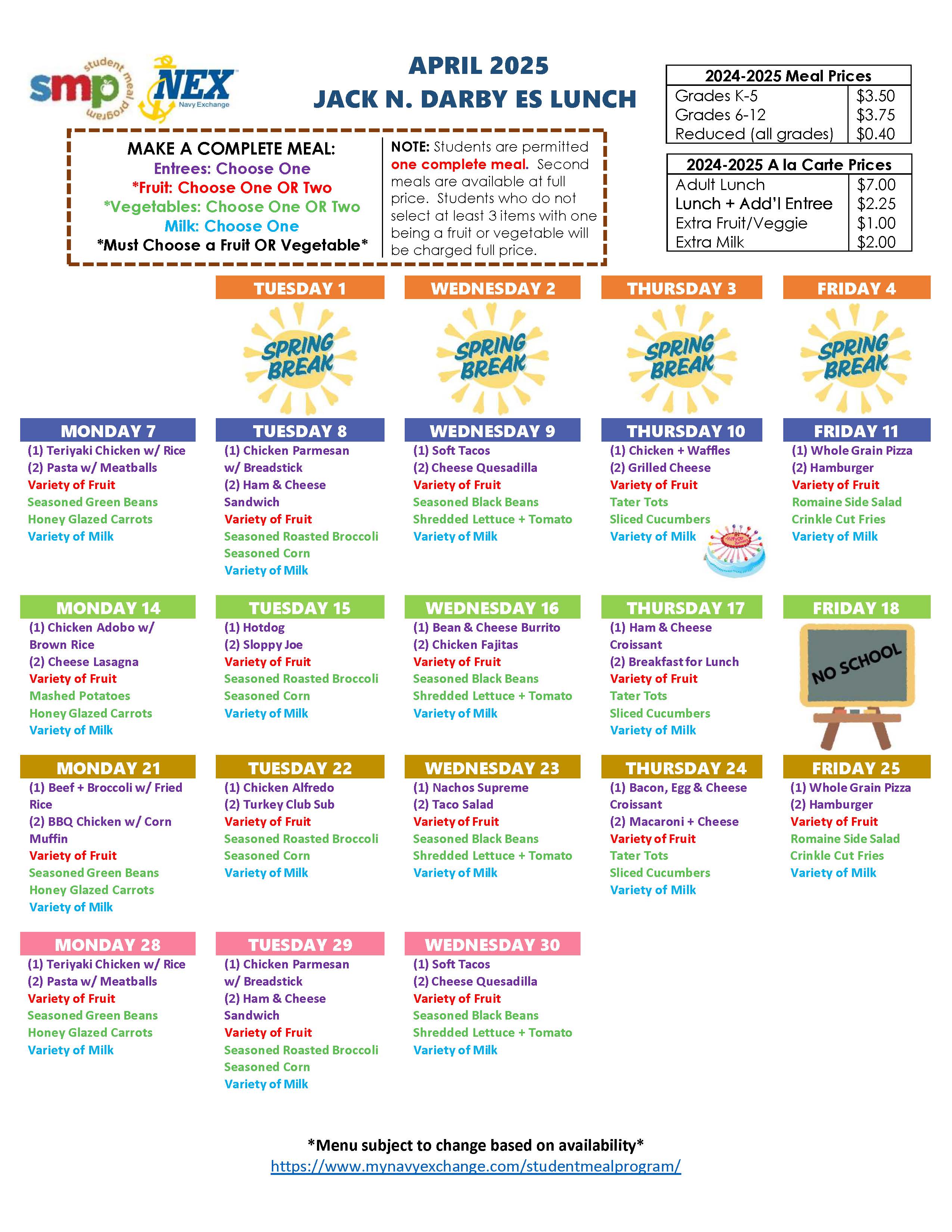 April Lunch Menu